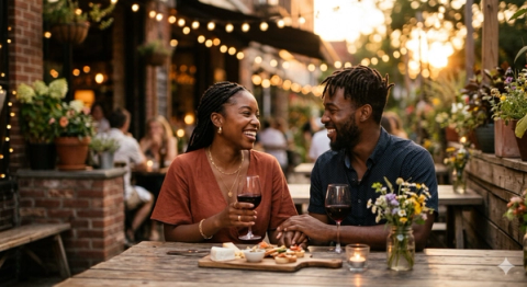 A Black man and a Black woman sharing a romantic moment during an outdoor date at golden hour. They are sitting at a rustic wooden table, smiling warmly and holding hands. On the table are two glasses of red wine, a small candle, and a shared appetizer board. The background is softly blurred with warm, glowing string lights and the sunset, creating a serene and cozy atmosphere