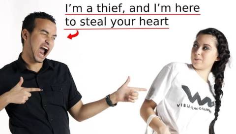 A man using a cheesy, rehearsed pickup line with finger guns while a woman reacts with a skeptical expression, illustrating why flippant openers fail in dating, awkward, cringe