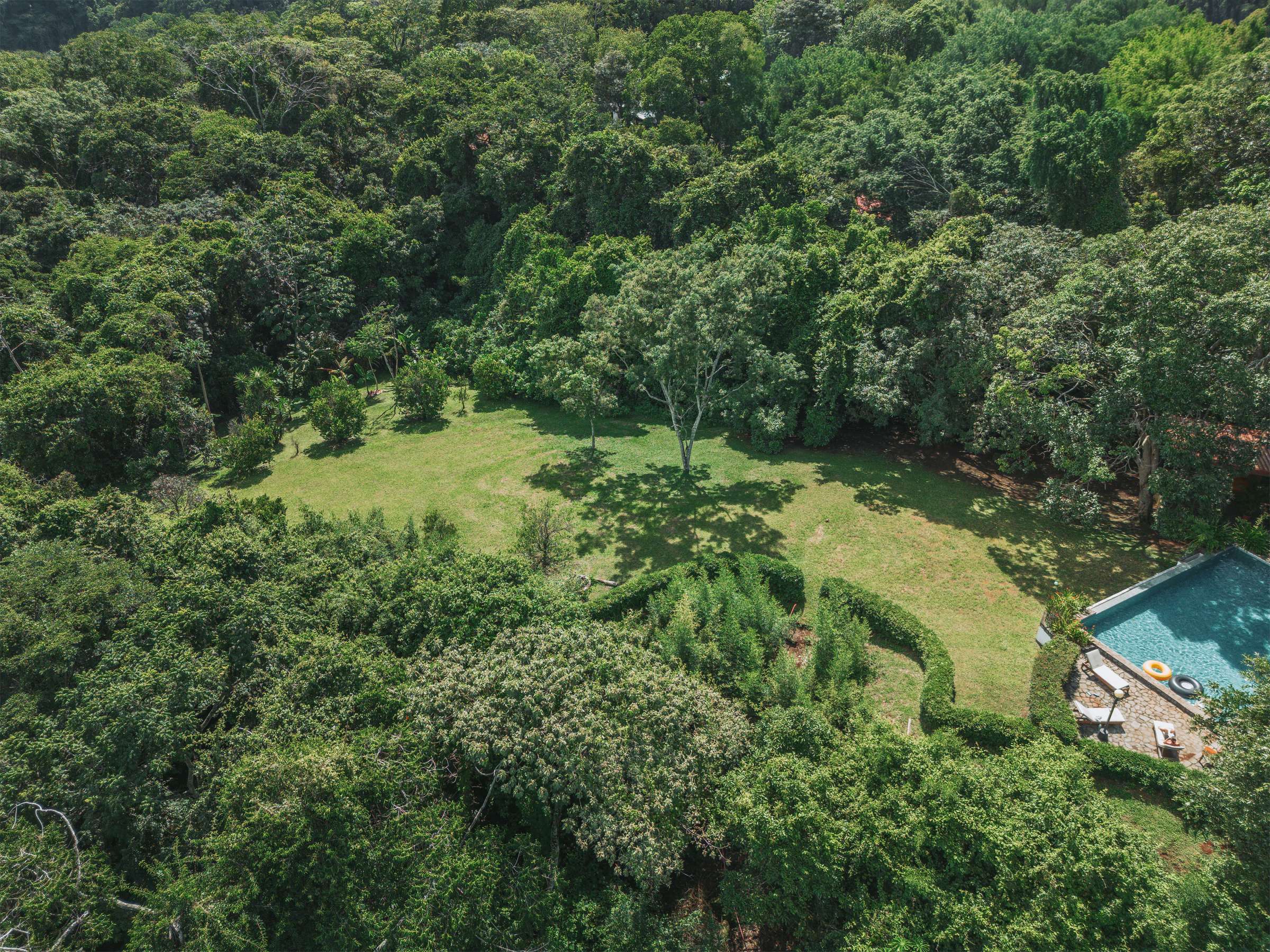 Aerial view of the Atenas center: a lawn ringed by forest, with the pool at its edge