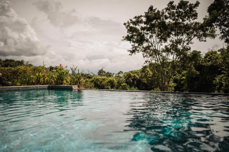 The surface of the infinity pool at Atenas, with forest beyond its edge.