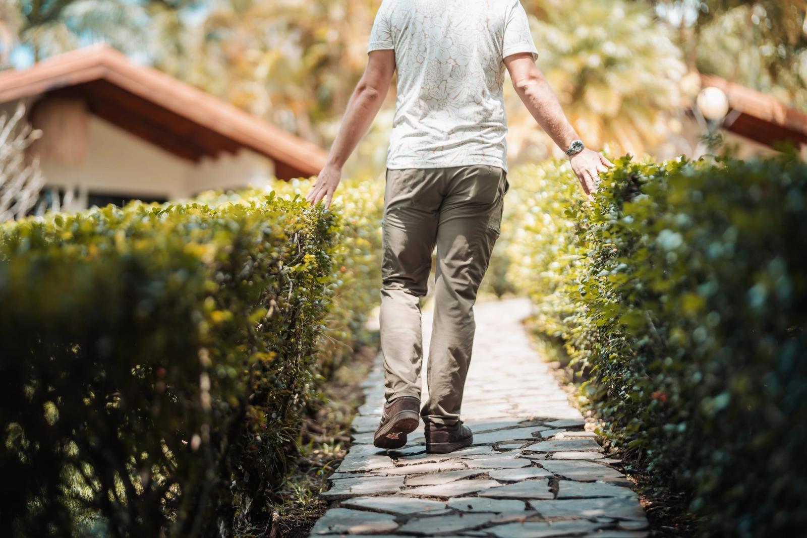 A man walking slowly along a stone path lined with hedges, with a tiled roof ahead.