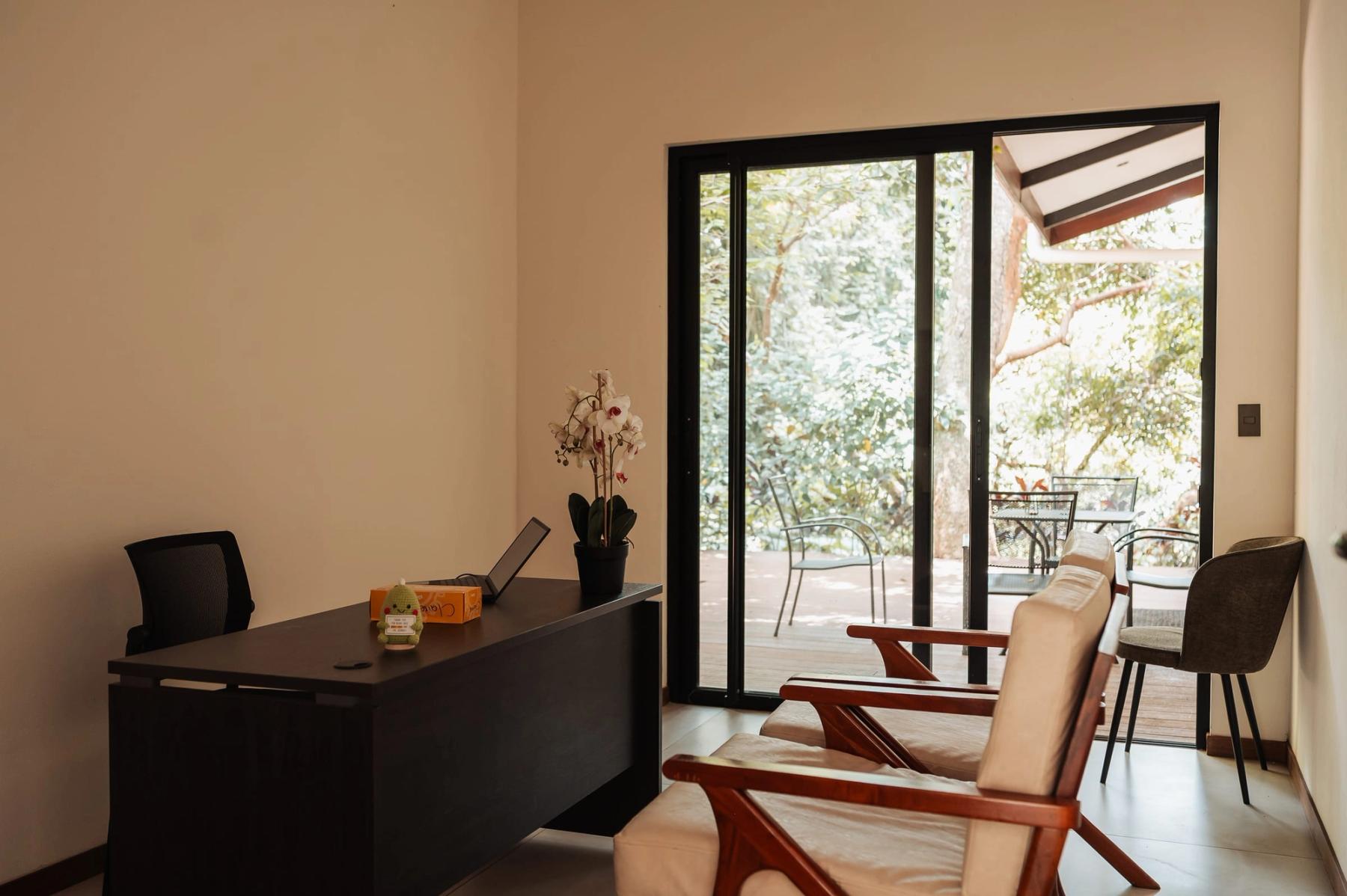 Un consultorio en Atenas con escritorio, dos sillones de madera y una puerta de vidrio abierta a una terraza del jardín.