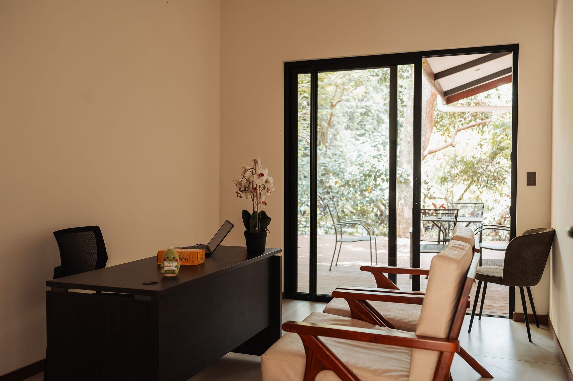 A therapy office at Atenas with a desk, two wooden armchairs and a glass door open to a garden terrace.
