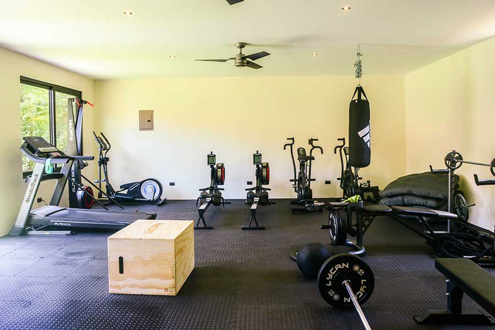 Shaded gym with strength equipment and a quiet atmosphere.