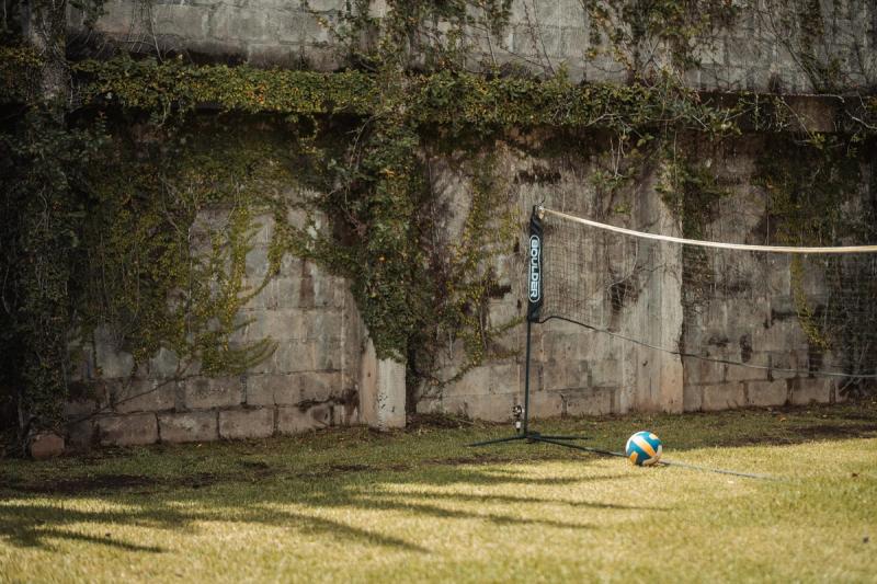 A volleyball resting on the lawn beside a net, against an old stone wall covered in vines.