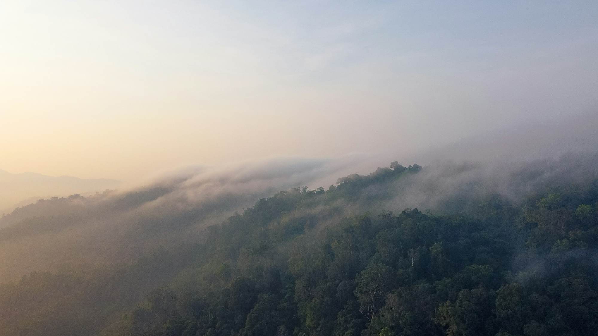 Mist drifting over layered green tropical mountains at dawn.