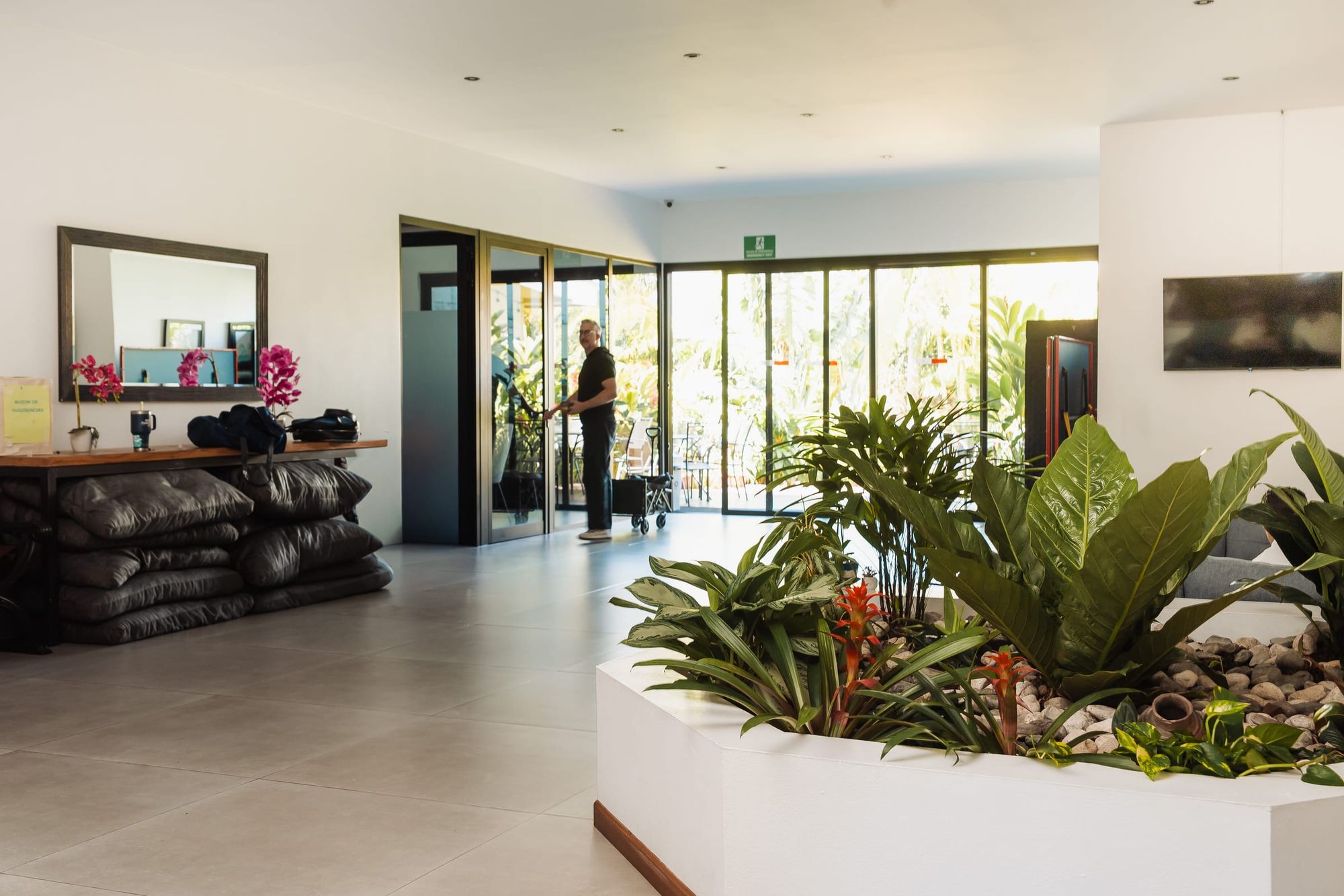 The lobby planter at San José, with a mirror, cushions and glass doors to the garden.