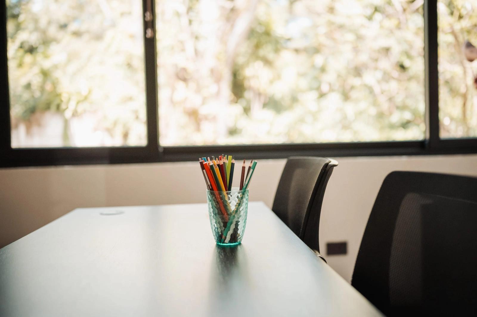 A cup of colored pencils on a group-room table beside a window onto the garden.