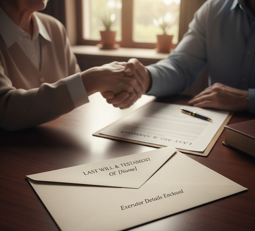 Someone being signed as the executor to a will Two people shake hands as someone become the executor to their will