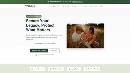 Screenshot of Willfully landing page online will generator