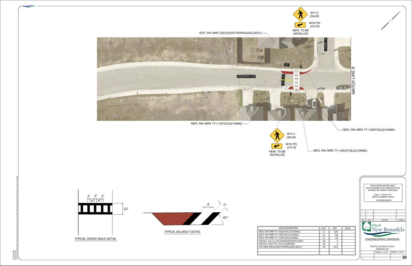 Aerial plan drawing of Deborah Drive with labeled pavement markings, red bulb-outs at a crosswalk, pedestrian crossing signs, and typical crosswalk and bulb-out details.