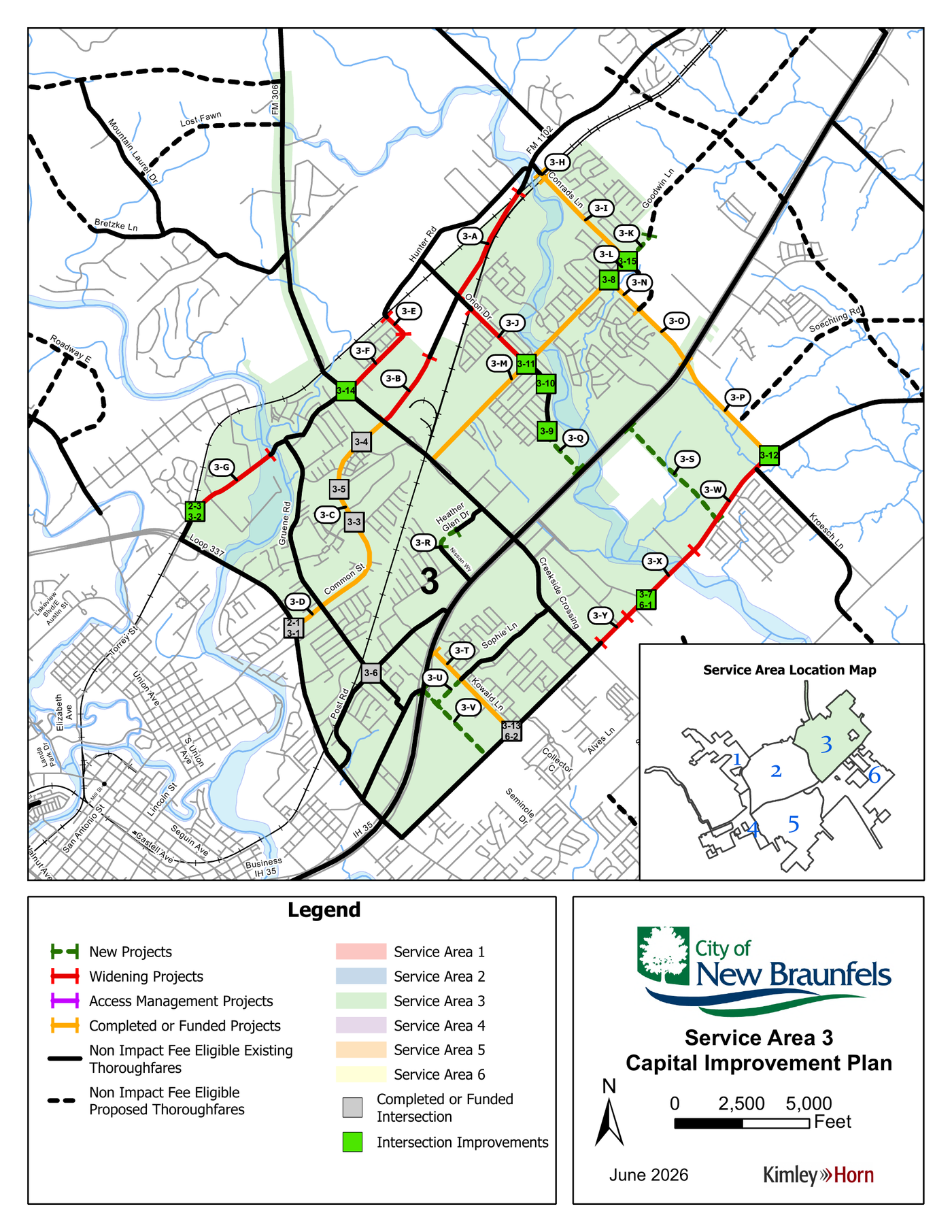 Map of New Braunfels Service Area 3 shaded green, with labeled road projects in red, orange and green and intersection markers, plus a small inset locating Area 3 in the city.