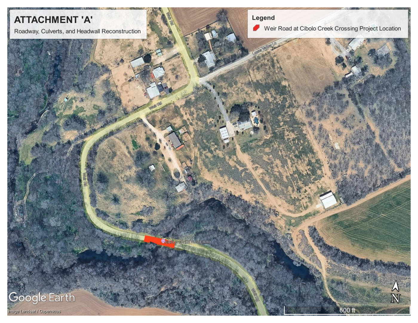 Aerial map of Weir Road curving toward Cibolo Creek, with a red mark at the creek crossing labeled as the project location.