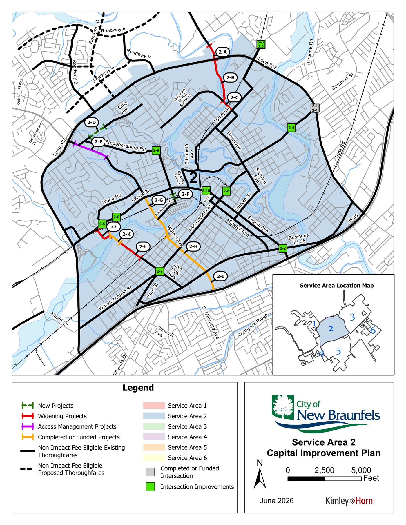 Map of New Braunfels Service Area 2 with labeled road projects color-coded by type, a legend, and an inset showing the six service areas.