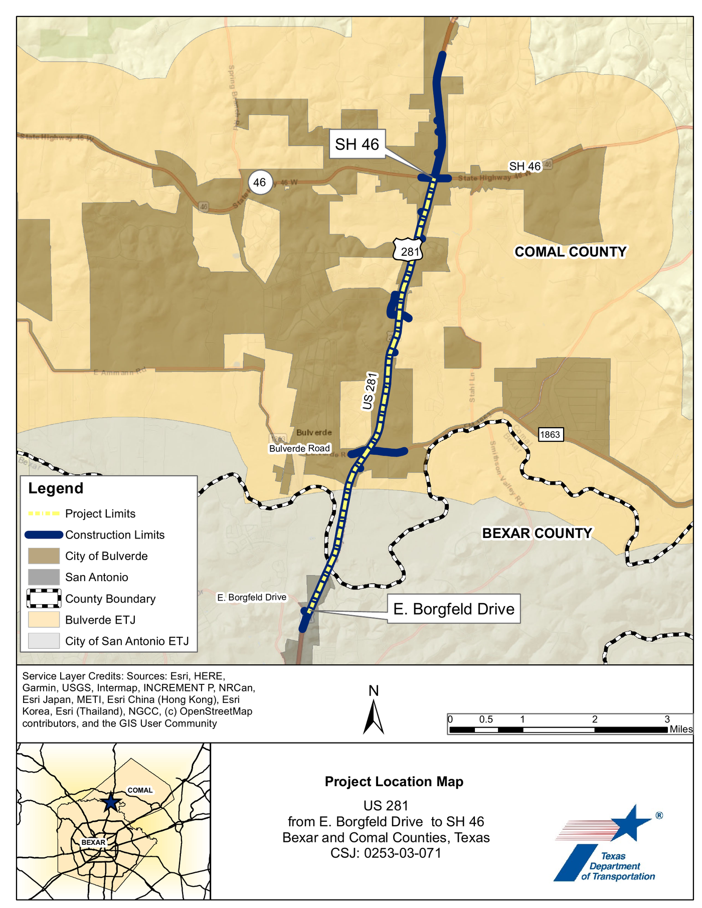 TxDOT map of US 281 from East Borgfeld Drive north through Bulverde to SH 46, with the project limits highlighted along the highway and the Comal–Bexar county line marked.
