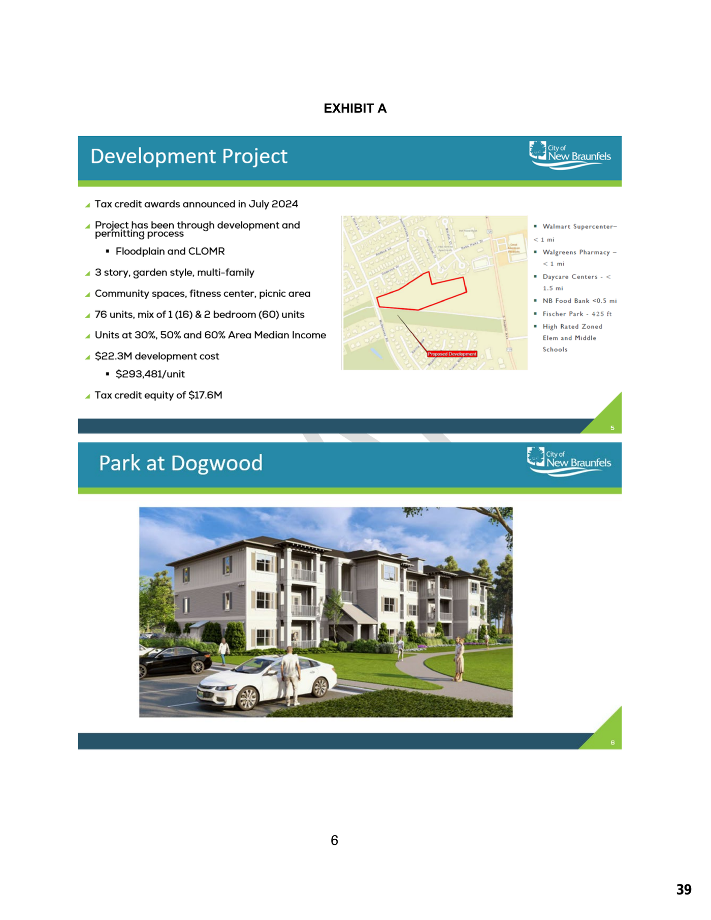 Two presentation slides: a location map with the Park at Dogwood site outlined in red beside a project fact list, and a rendering of a three-story apartment building with cars and a walking path.