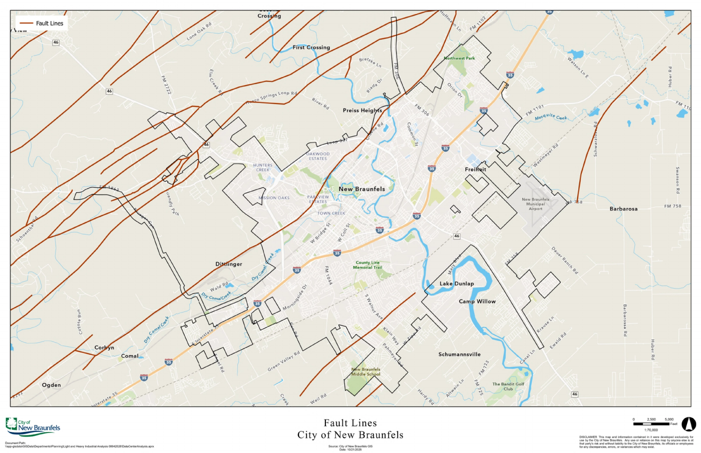 Map of New Braunfels with city limits outlined and fault lines drawn in brown, running southwest to northeast across the western and central parts of the city.