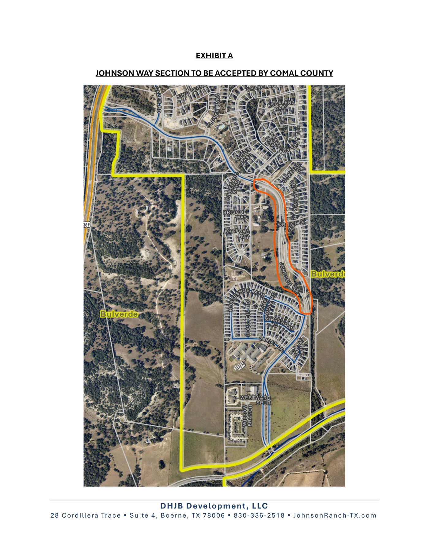 Aerial map labeled Exhibit A, Johnson Way section to be accepted by Comal County, with the road section outlined in orange among surrounding streets.