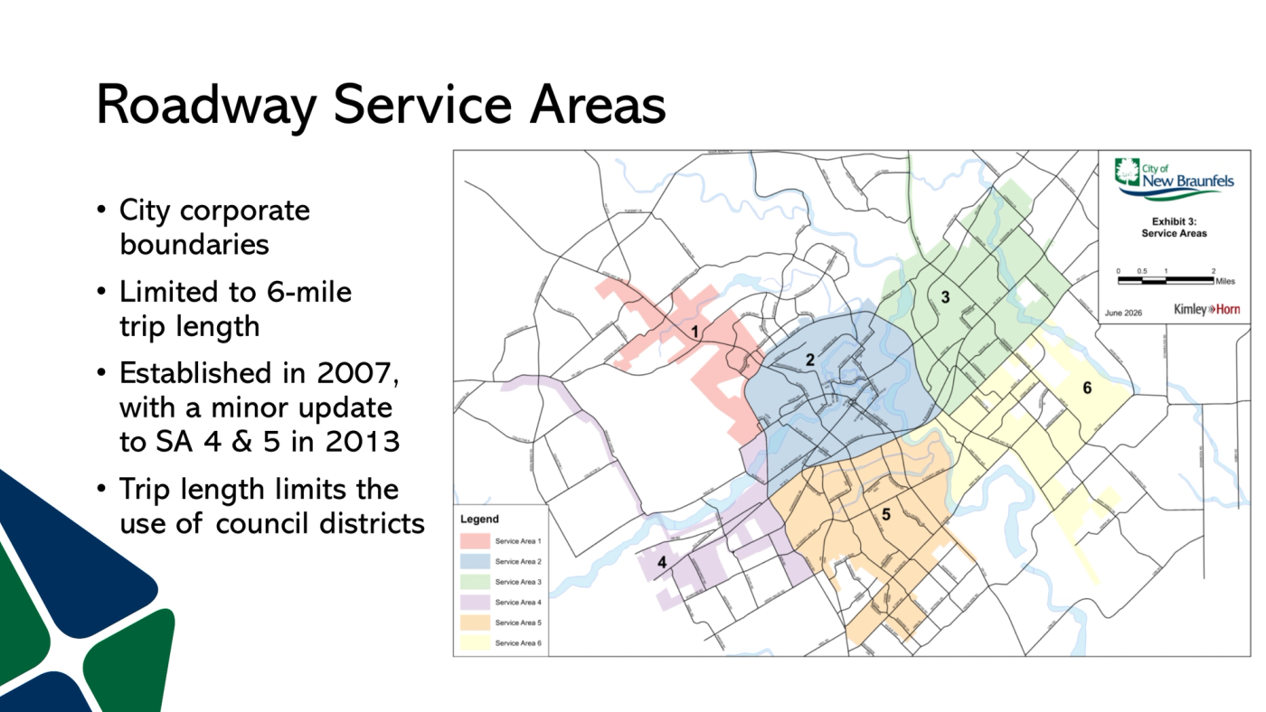 Map of New Braunfels divided into six color-coded roadway service areas, numbered 1 through 6, with Service Area 2 in blue near the center.