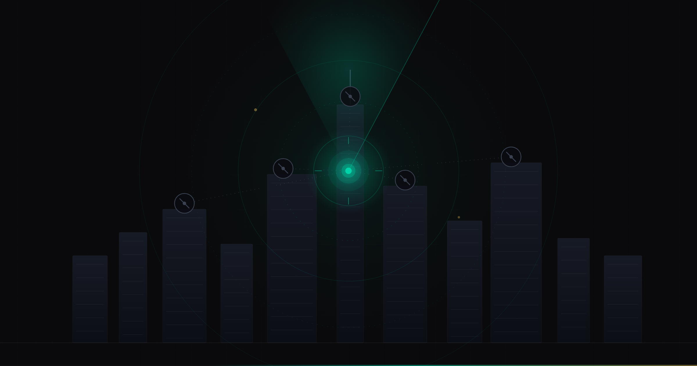 A teal AI scanning radar at the centre of a dim Dubai skyline, five site markers each flagged not-ready and joined by broken links, on a dark navy background