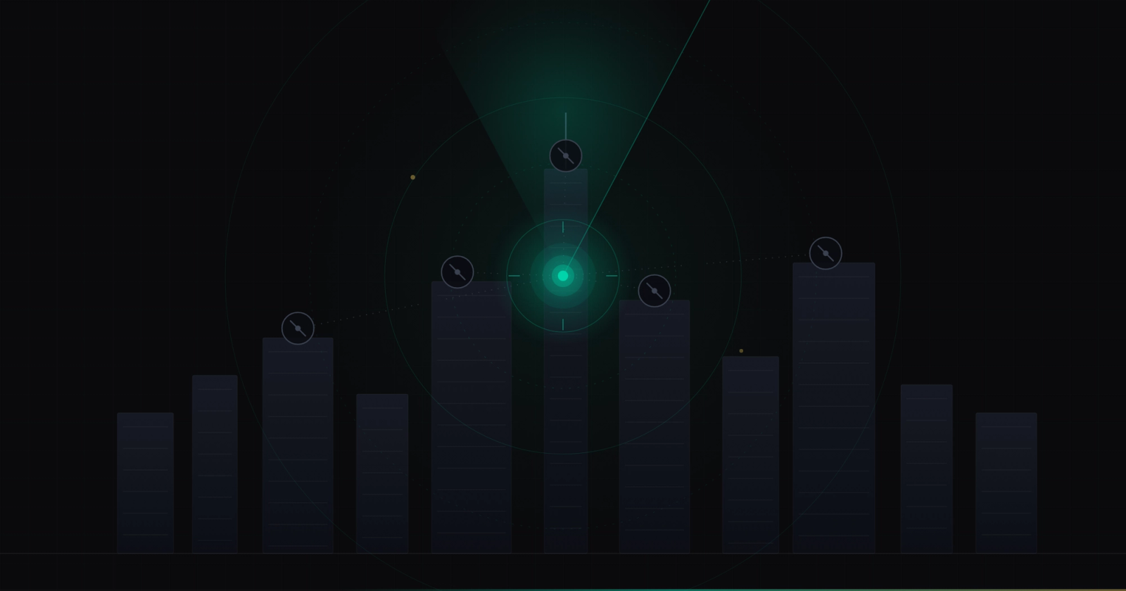 A teal AI scanning radar at the centre of a dim Dubai skyline, five site markers each flagged not-ready and joined by broken links, on a dark navy background