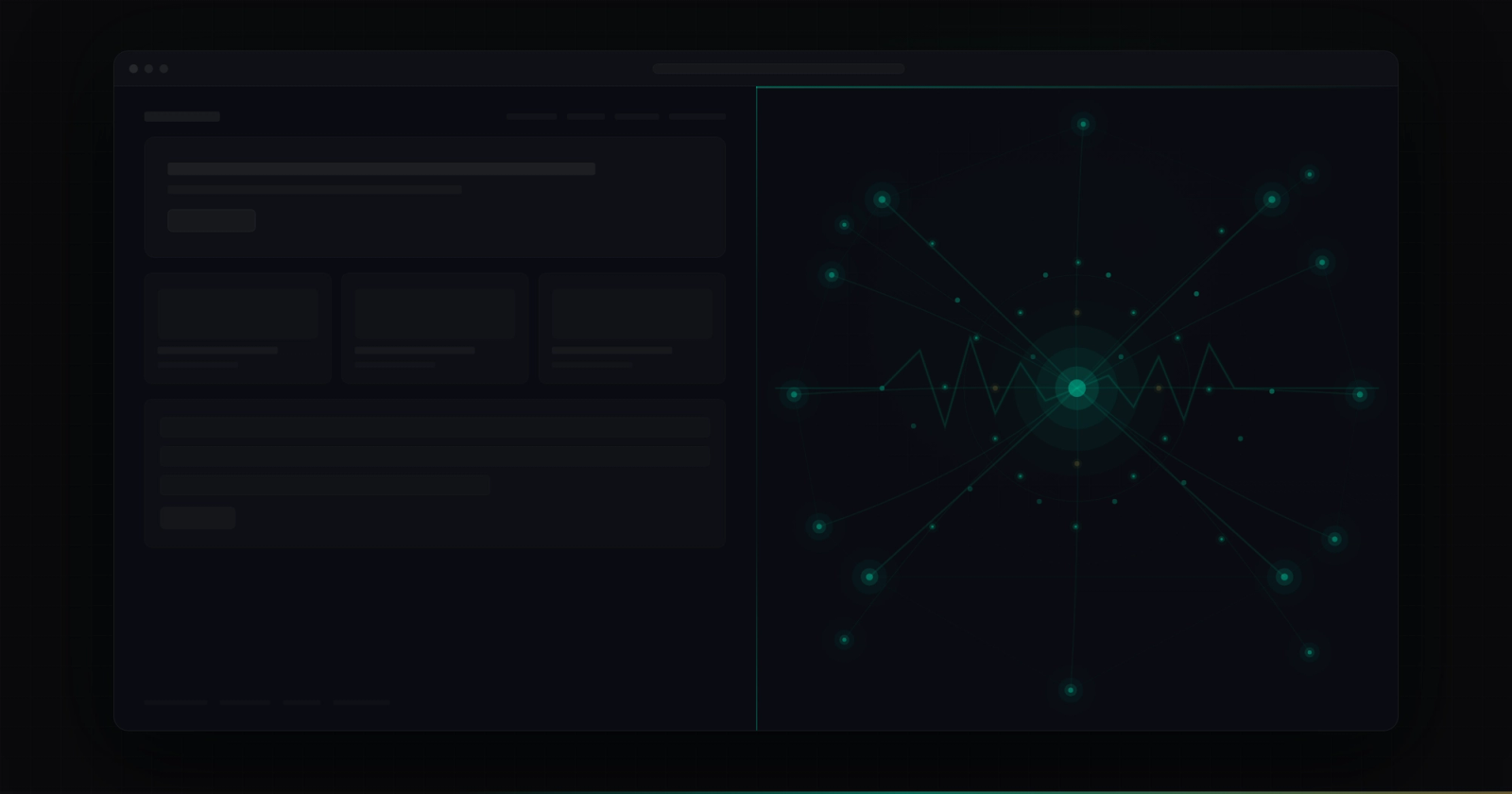 A browser window split in two — the left side shows a static website wireframe with a navigation bar, hero section, content cards, and contact form rendered in dim grey, while the right side shows the same space transformed into a living intelligence network with a glowing teal core, radiating neural pathways, pulsing data nodes, and a heartbeat signal line running across the center