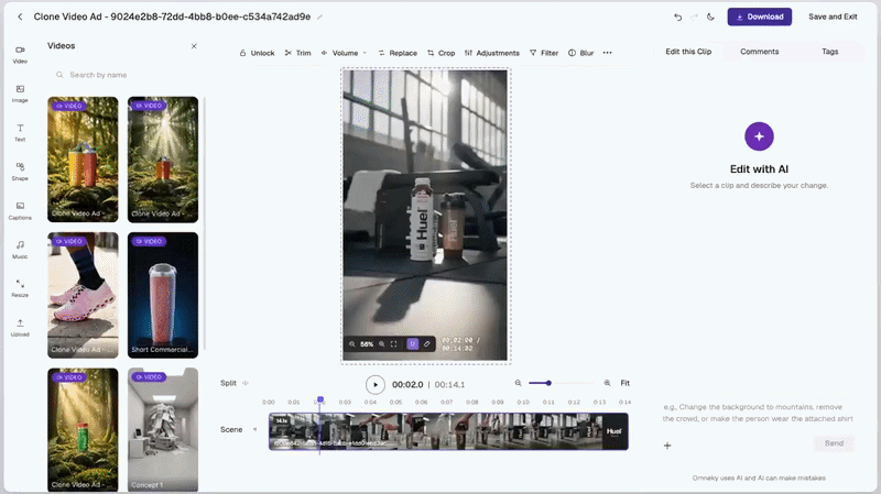 Omneky prompt-based AI video editor changing a clip from a single prompt