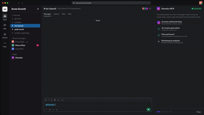 Omneky Slack integration pacing campaigns and generating creative inside a Slack thread