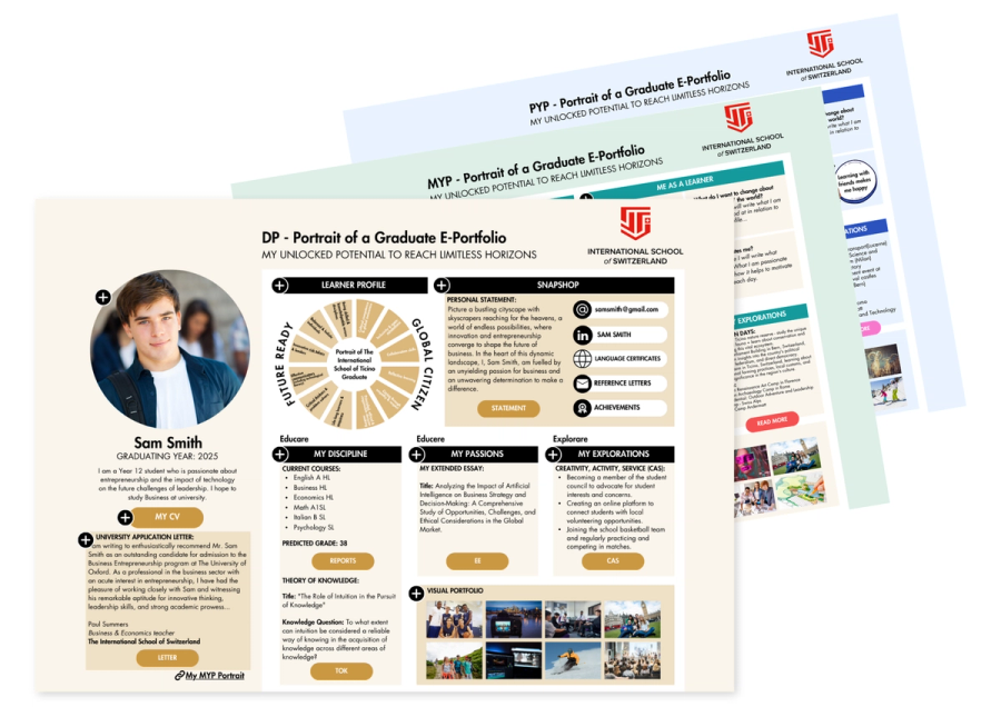 Mock-up of the Portrait of a Graduate e-portfolio with sample pages for the primary, middle and diploma years. Sample content, not a real student.