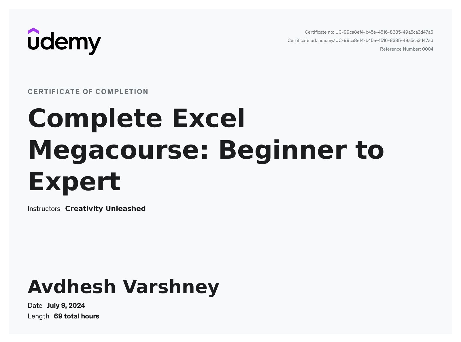 EXCEL UDEMY CERTIFICATE