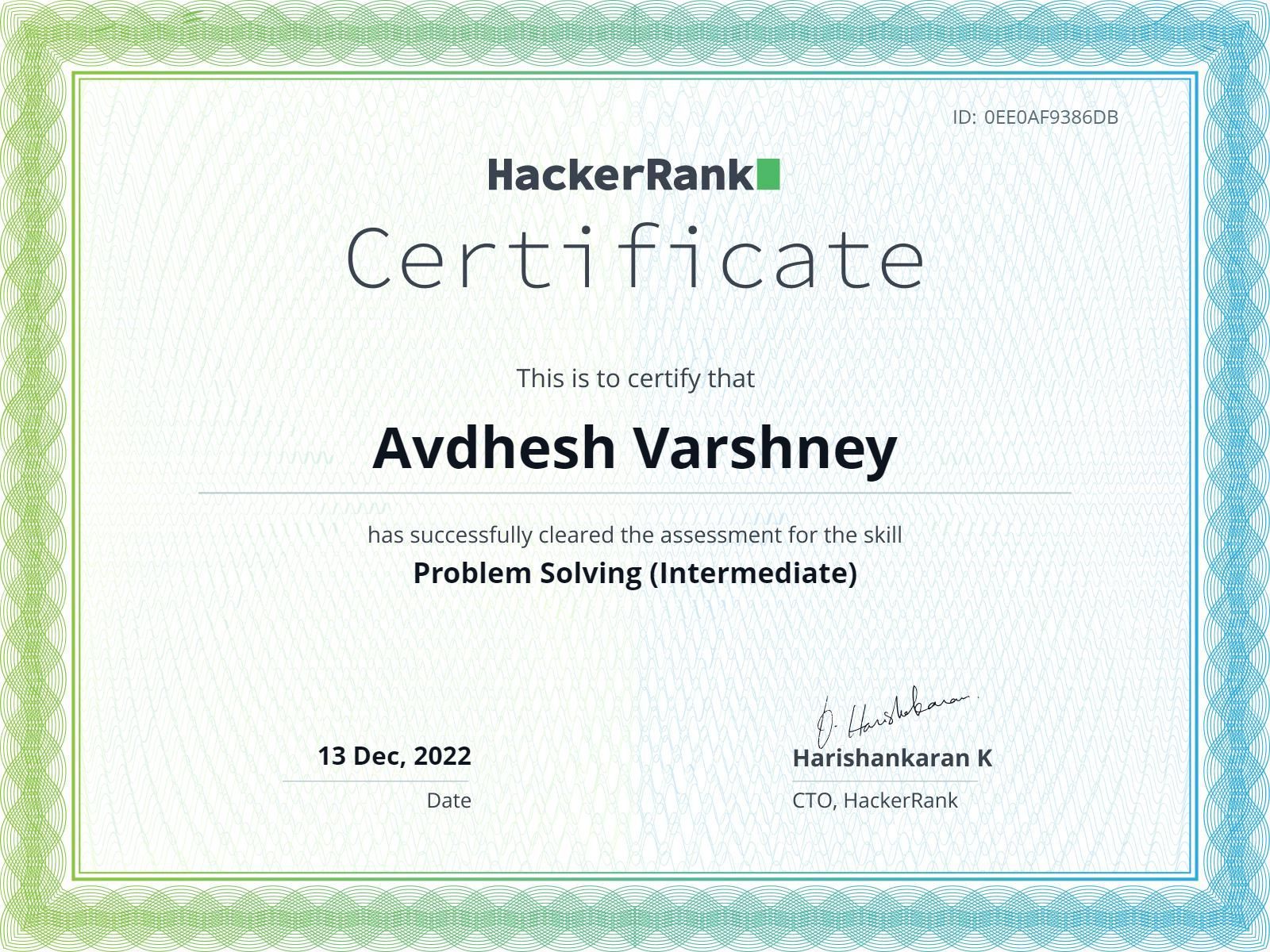 HackerRank Problem Solving Intermediate Certificate