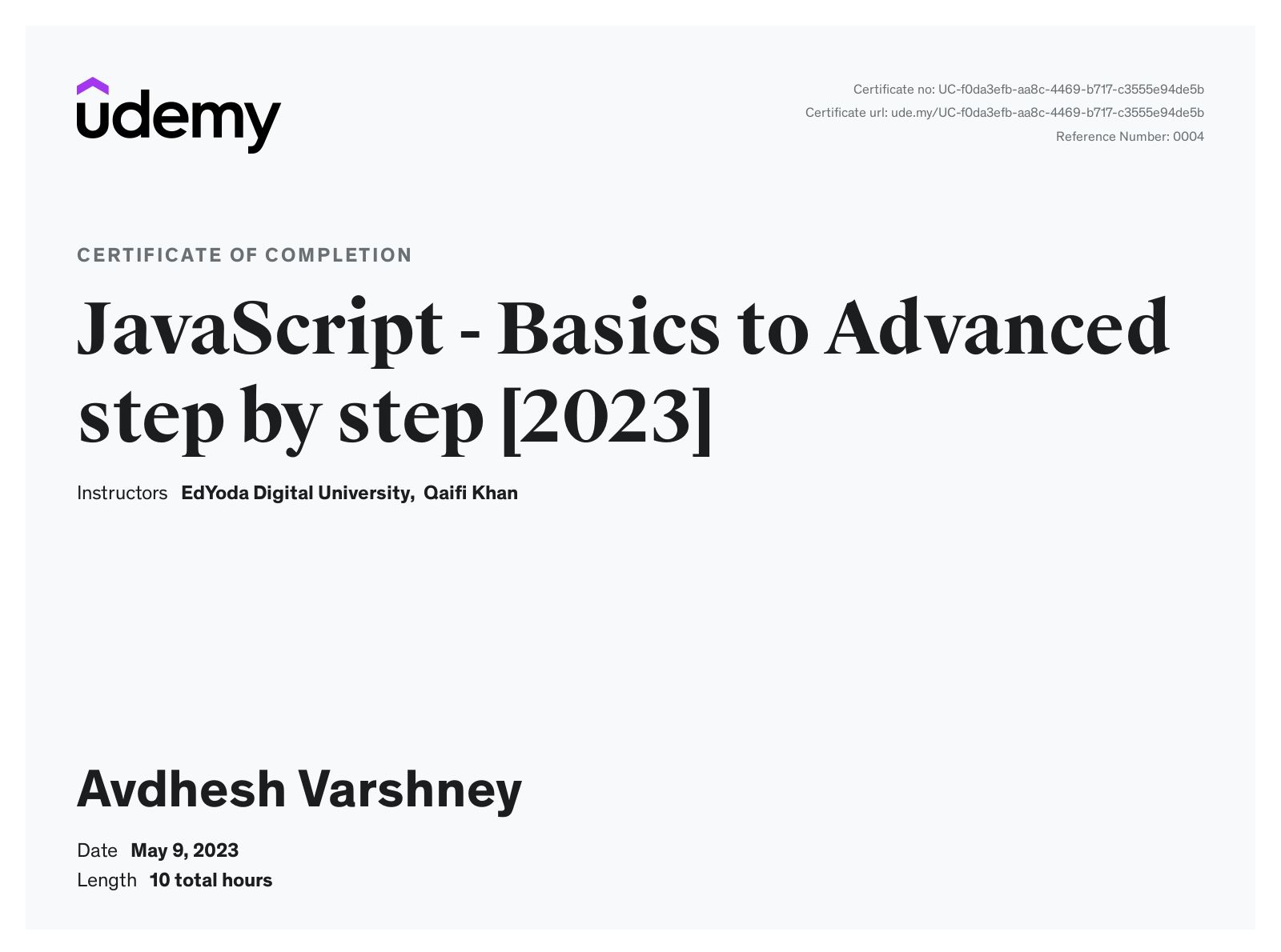 JAVASCRIPT UDEMY CERTIFICATE