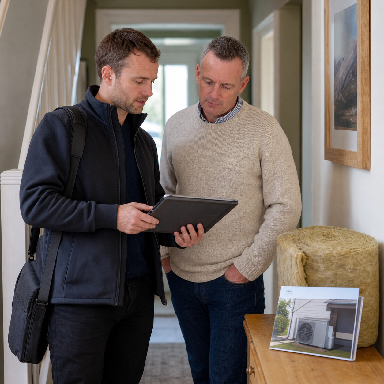 A UK landlord and energy assessor reviewing EPC upgrade plans in a rental home hallway with insulation materials nearby.