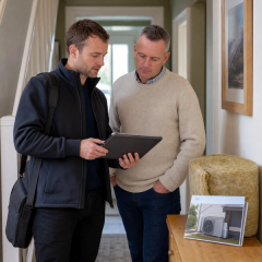 A UK landlord and energy assessor reviewing EPC upgrade plans in a rental home hallway with insulation materials nearby.