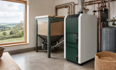 A biomass boiler and pellet storage setup in a rural British home plant room.