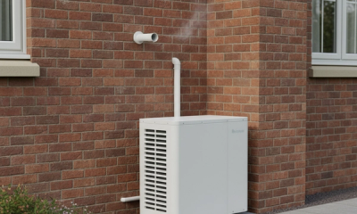A modern white air source heat pump outdoor unit installed beside a UK semi detached brick home with a small gas boiler flue visible above on the wall, illustrating a hybrid heat pump configuration in 2026.
