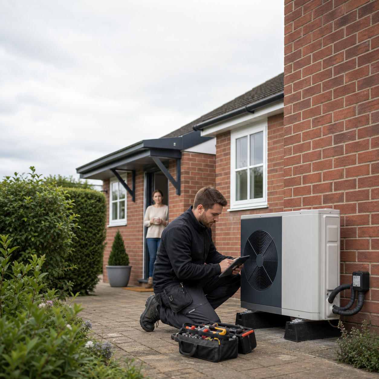 A qualified heating engineer servicing an air source heat pump outside a UK home while a homeowner watches from the doorway.