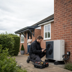A qualified heating engineer servicing an air source heat pump outside a UK home while a homeowner watches from the doorway.