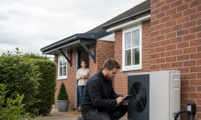 A qualified heating engineer servicing an air source heat pump outside a UK home while a homeowner watches from the doorway.