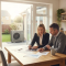 A UK homeowner reviewing heat pump grant paperwork beside an outdoor air source heat pump unit during a 2026 home retrofit survey.