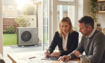 A UK homeowner reviewing heat pump grant paperwork beside an outdoor air source heat pump unit during a 2026 home retrofit survey.