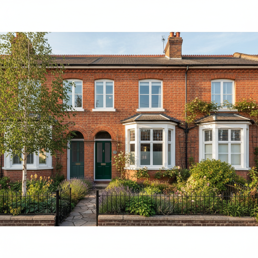 Modern red brick terraced rental property in the UK with a green front door and a bay window, photographed in soft morning light.