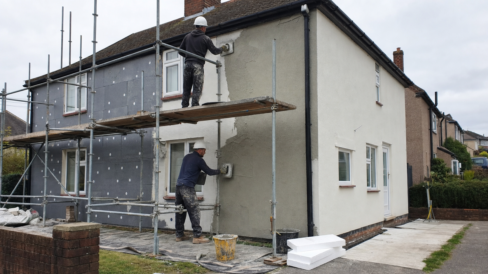 Professional home energy assessor completing a heat loss survey in a British living room with radiator measurements and insulation notes.