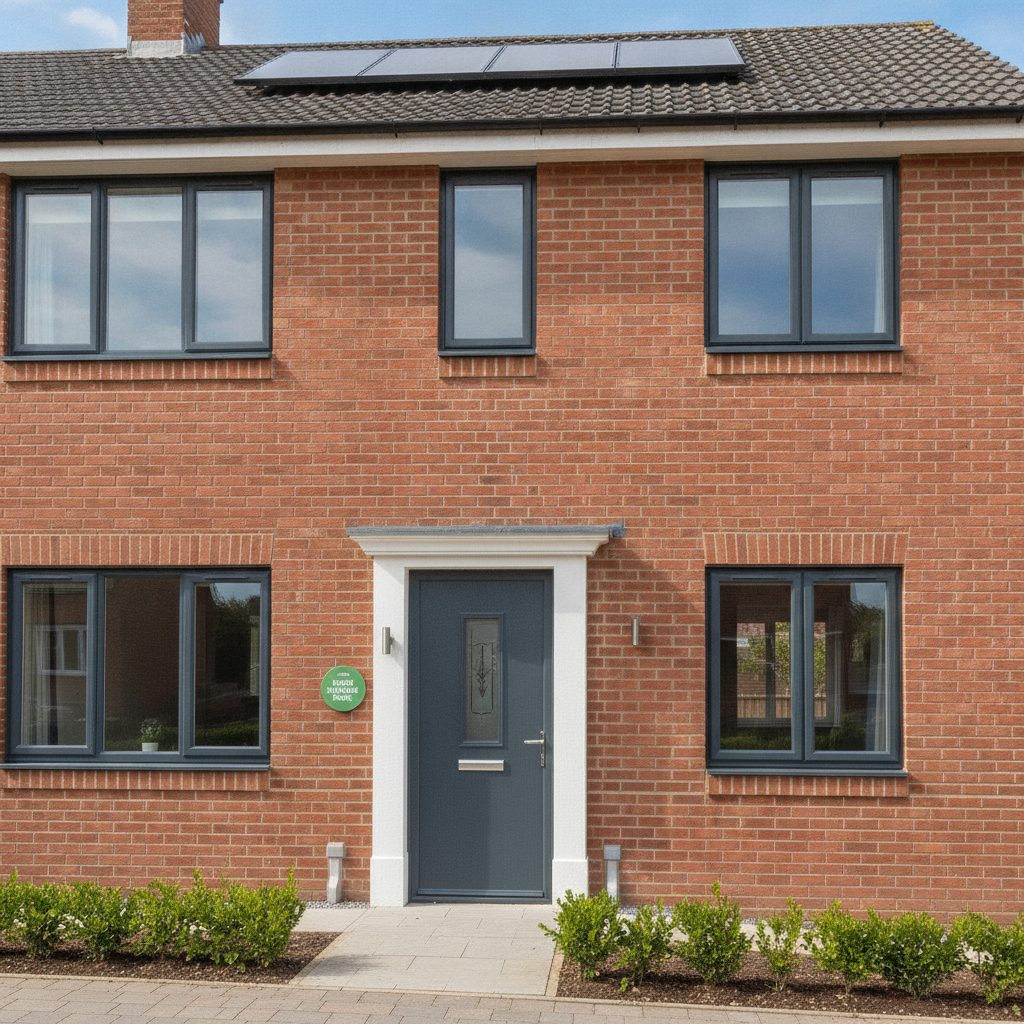UK home with modern double glazed windows and an insulated front door after an energy efficiency upgrade.