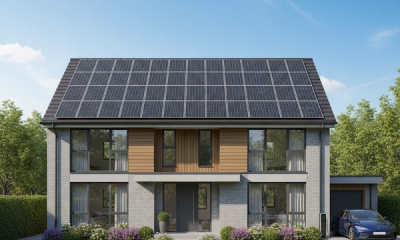 A modern UK detached home in 2026 with a full array of monocrystalline solar panels covering the south facing roof, set against a clear sky and a tidy garden, illustrating a typical residential solar installation.