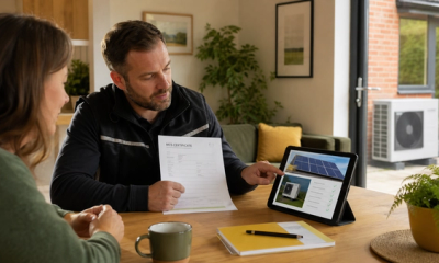 Qualified installer reviewing MCS certification paperwork for a British home with heat pump and solar panel planning notes.