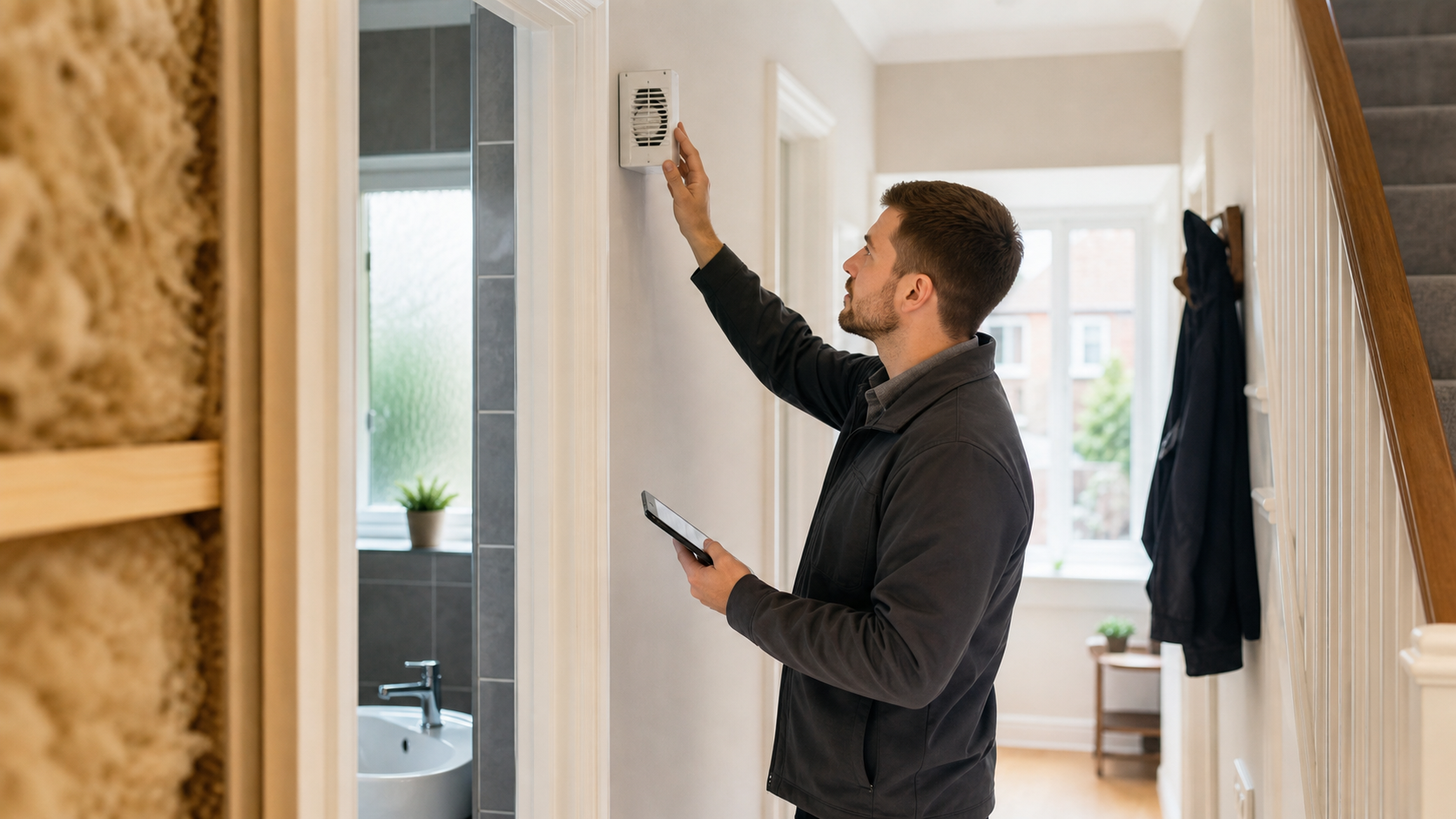 Retrofit assessor checking a home ventilation grille during an energy efficiency survey in a UK house.