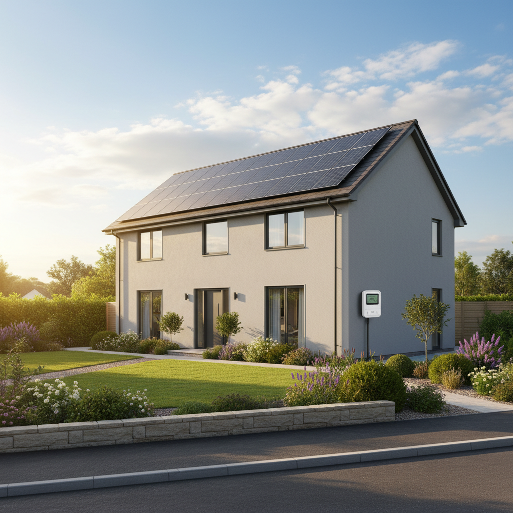 Modern UK detached home with rooftop solar PV panels in late afternoon sunlight, smart meter visible on the side wall, professional architectural photography.