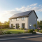 Modern UK detached home with rooftop solar PV panels in late afternoon sunlight, smart meter visible on the side wall, professional architectural photography.