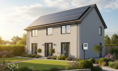 Modern UK detached home with rooftop solar PV panels in late afternoon sunlight, smart meter visible on the side wall, professional architectural photography.